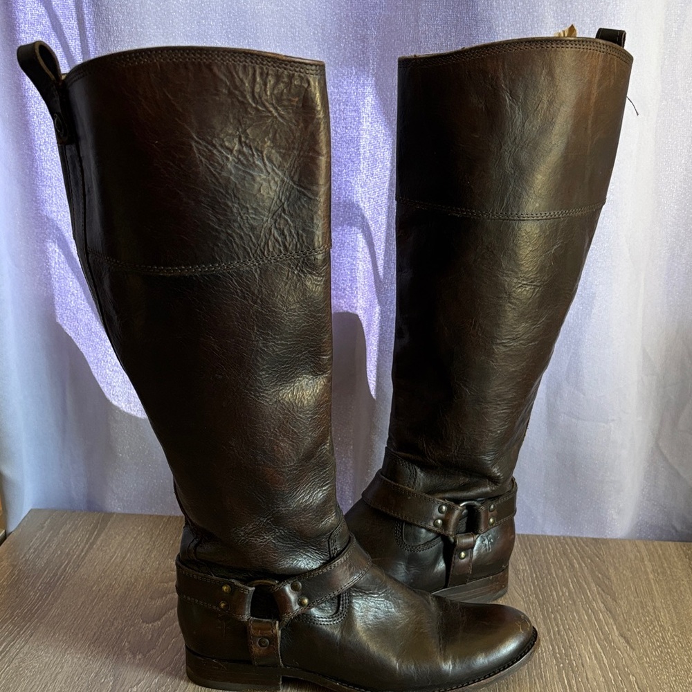 FRYE Melissa Harness Brown Leather Riding Boots size 7.5
